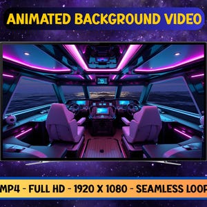 Op de afbeelding: Een digitaal scherm toont een geanimeerde achtergrondvideo van het interieur van een boot met paarse en blauwe verlichting. De tekst "ANIMATED BACKGROUND VIDEO" staat bovenaan. De video is MP4, Full HD, 1920 x 1080 en een naadloze lus.