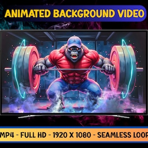 Puede incluir: Vídeo de fondo animado que se muestra en un televisor de pantalla plana. El vídeo presenta un gorila musculoso levantando pesas. El gorila lleva una camisa roja, vaqueros azules y una gorra azul. El texto "ANIMATED BACKGROUND VIDEO" está en la parte superior.