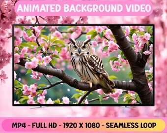 Schöner Uhu im Kirschblütenbaum - Animiertes Hintergrundvideo - Hintergrundpapier - Digitaler Download