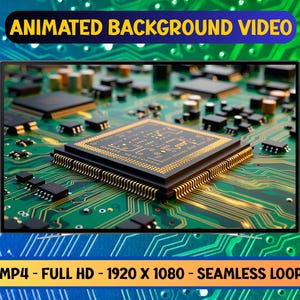 May include: An animated background video showing a detailed view of a computer circuit board with a central processor. The text "ANIMATED BACKGROUND VIDEO" is at the top, and "MP4 - FULL HD - 1920 X 1080 - SEAMLESS LOOP" is at the bottom.