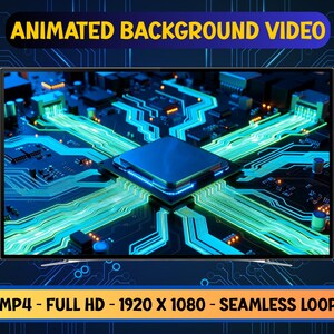 May include: A curved-screen monitor displays an animated background video. The video features a close-up of a circuit board with a central processor, illuminated with blue and green neon lights. The text "ANIMATED BACKGROUND VIDEO" and "MP4 - FULL HD - 1920 X 1080 - SEAMLESS LOOP" are displayed.