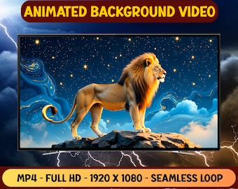 Majestic Mystical Lion On Rocky Mountain Animated Background Video - Full HD Virtual Background Livepaper - Digital Download