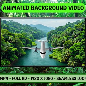 3D Airplane Jungle River Animated Video: Seamless Loop Virtual Background (MP4 Digital Download