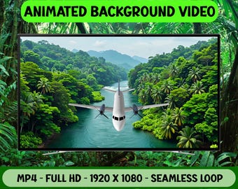3D Airplane Jungle River Animated Video: Seamless Loop Virtual Background (MP4 Digital Download