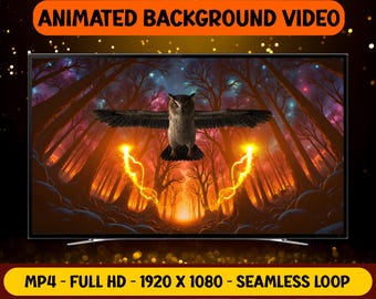 Amerikanischer Uhu Glide auf magischem leuchtenden Feenwald - Animiertes Hintergrundvideo - Nahtlose Schleife - Virtuelles Livepapier - Digitaler Download