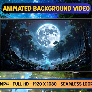 May include: A digital display shows an animated background video of a moonlit forest scene. The text "ANIMATED BACKGROUND VIDEO" is at the top. The video is labeled as MP4, FULL HD, 1920 x 1080, and SEAMLESS LOOP.