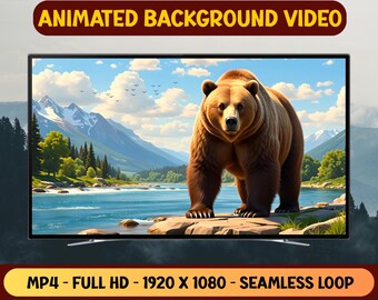 Wild Bear in River Forest Animated Background Video - Full HD Virtual Background Livepaper - Digital Download
