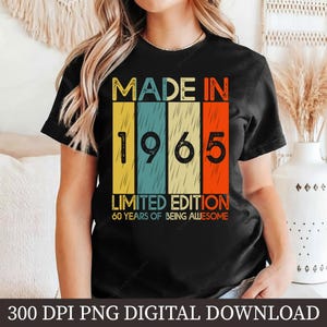 Vintage 1965 PNG Design, 60 Years Awesome Sublimation, Retro Birthday Clipart, Limited Edition Artwork, Digital Download Gift Art