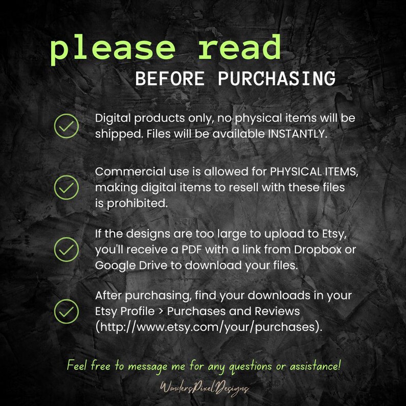May include: A checklist of information for buyers of digital products. The text reads "Please read before purchasing."  The checklist includes information about digital products only, commercial use, and file size.