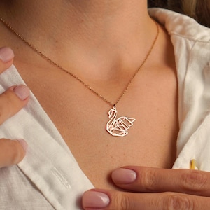 14K Gold Swan Necklace, Minimalist Swan Pendant, Gold Origami Necklace, Gift For Her, Romantic Necklace, Swan Jewelry, Valentine&#39;s Day Gift