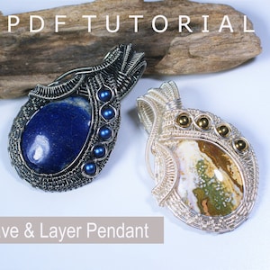 May include: Two wire wrapped pendants with stones. The pendant on the left has a blue stone and blue beads. The pendant on the right has a brown and green stone with gold beads. The text "Weave & Layer Pendant" is below the pendants.
