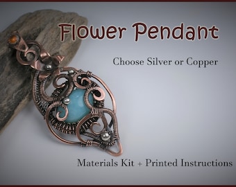 Jewelry Kit and Tutorial - Flower Pendant Step by Step - Wire Weaving Tutorial - Intermediate Tutorial - Wire Jewelry Pattern