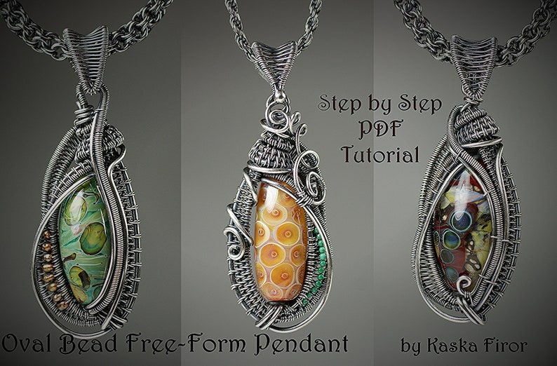 May include: A silver wire wrapped pendant with an oval shaped glass bead. The pendant is attached to a silver chain. The image includes the text "Step by Step PDF Tutorial" and "Oval Bead Free-Form Pendant by Kaska Firor".