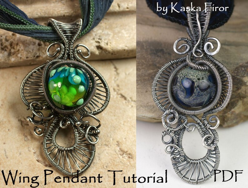 May include: Two silver wire wrapped pendants with glass cabochons. The pendant on the left has a green and blue glass cabochon. The pendant on the right has a blue and white glass cabochon. Both pendants have a wing-like design. The text "Wing Pendant Tutorial PDF" is visible in the image.