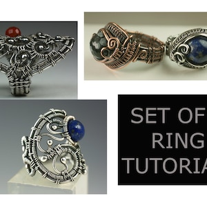 May include: Set of three wire wrapped ring tutorials. The rings feature a variety of stones, including carnelian, lapis lazuli, and a grey stone. The rings are made with silver and copper wire.