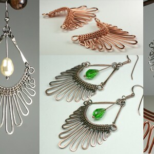 May include: Three pairs of handmade wire earrings with different colored beads. The earrings are made with silver, copper, and gold wire. The beads are white, green, and pink.