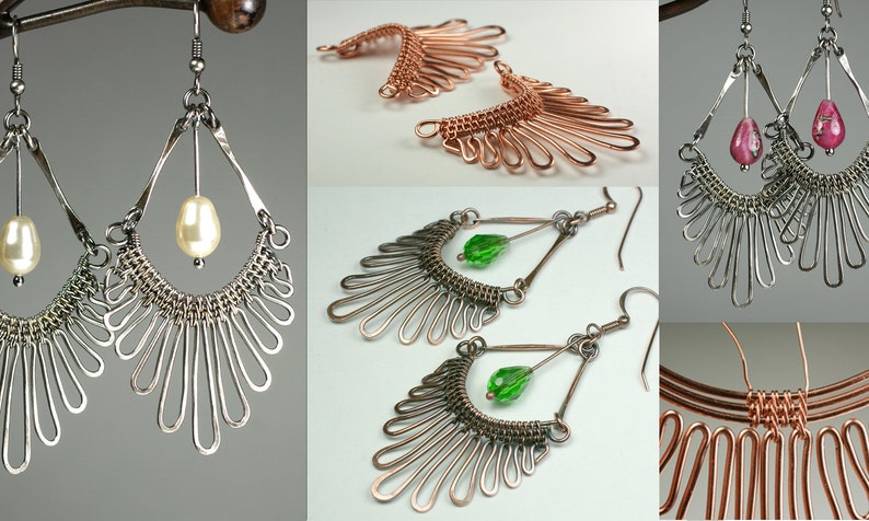 May include: Three pairs of handmade wire earrings with different colored beads. The earrings are made with silver, copper, and gold wire. The beads are white, green, and pink.