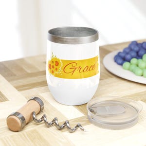 Vaso pequeño de acero inoxidable con aislamiento al vacío y diseño de girasol personalizado, soporte para bebidas frías o calientes de 12 oz, taza de café de viaje personalizada, regalo de dama de honor