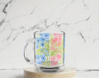 Floral Glass Mug Abstract Flower Mug Spring Botanical Glass Tea Mug Transparent Coffee Cup Kitchen Decor Floral Decor Flower Lover Gift