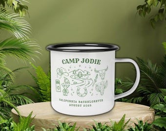 Custom Camp Bachelorette Enamel Mug 12oz Bachelorette Camping Mug Bachelorette Gift Outdoor Coffee Cup Campfire Cup Gift for Nature Lovers
