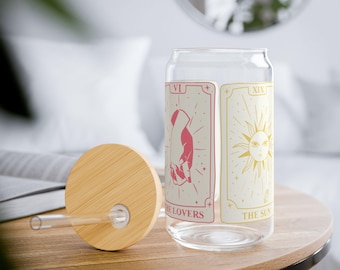 Mystical Tarot Card Glass Tumbler Witchy Aesthetic Coffee Cup Star & Sun Cards Spiritual Gift Occult Drinkware Celestial Wheel of Fortune