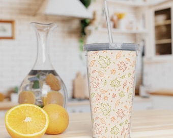 Aesthetic Leaves Insulated Plastic Tumbler Eco-Friendly Straw Included Fall Themed Portable Drink Cup 20oz Travel Mug Cute Drinkware Tumbler