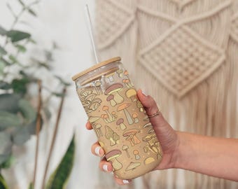 Copo de vidro cogumelo fofo 16oz copo de café gelado reutilizável copo de café gelado cottage core copo de bebida gelada copo estético presente de bebida