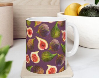 Fresh Fig Print Ceramic Mug Botanical Coffee Cup Mediterranean Drinkware Gift for Fig Lovers 11oz Coffee Mug Aesthetic Tea Coffee Cup