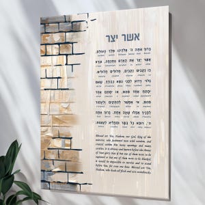 May include: A beige and blue abstract art print with a Hebrew text passage. The text is in black and reads "Blessed are You, Hashem, our God, king of the universe, who fashioned man with wisdom, and created within him many openings and many cavities. It is obvious and known before the throne of Your glory that if but one of them were to be ruptured or but one of them were to be blocked, it would be impossible to survive and to stand before You, for even one hour. Blessed are You, Hashem, who heals all flesh and acts wondrously."