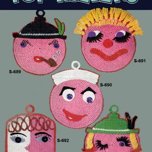May include: A vintage book cover featuring five whimsical, crocheted pot holders. Each pot holder is pink and designed to resemble a face, with various hats and expressions. The text "POT HOLDERS" is displayed prominently at the top.