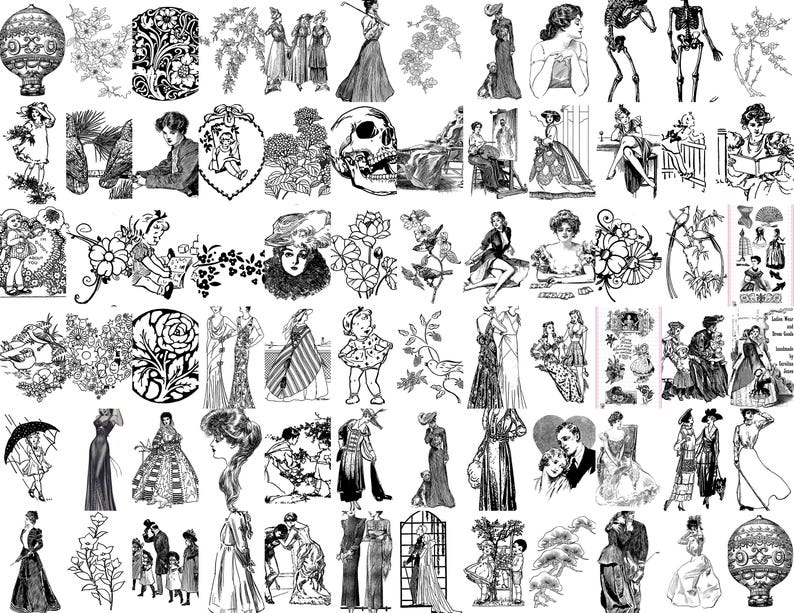 72 Black and White Digital Vintage Clipart Stamps PDF image 0