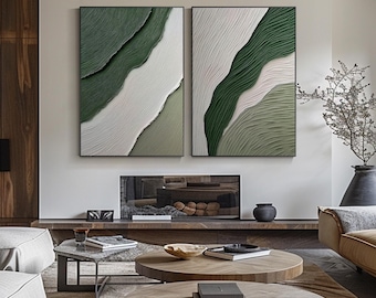 Green Abstract Canvas Wall Decor Minimalist Neutral Diptych Modern Wall Art Set