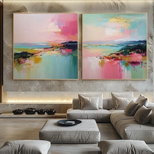 Abstract Landscape Canvas Set: Textured Pink Teal Modern Wall Art