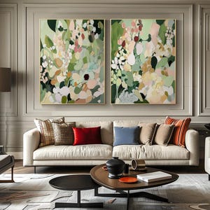 Hand-Painted Floral Canvas Set: Abstract Botanical Diptych, Textured Wall Art