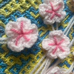 Handmade Crochet Cherry Blossom Flower Embellishments: Acrylic Applique Flowers (10 pc)