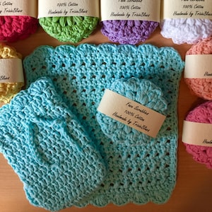 Crochet Cotton Bathroom Set: Flower Scrubbies, Soap Saver, Wash Cloth