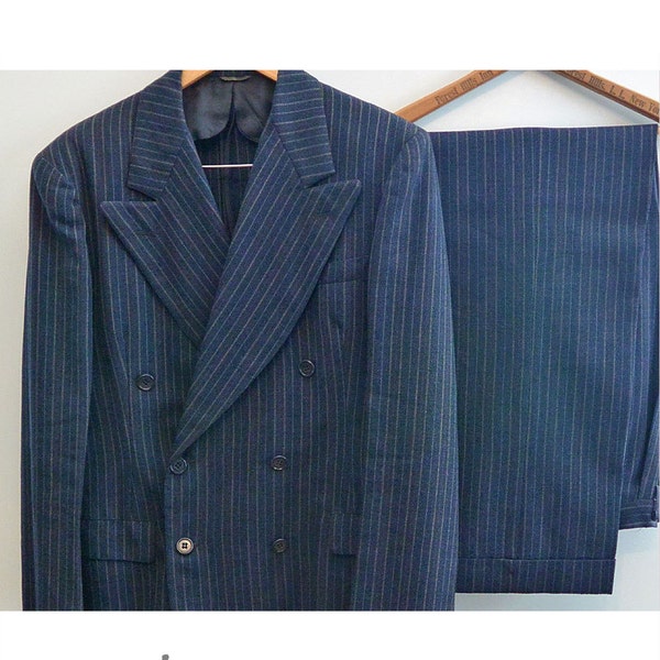 Vintage 40s Mens Wool Suit Two Piece Double Breasted Suit 1940s Navy Pinstripe Jacket & Wool Cuffed Trousers Mens Mid Century Clothing SZ 40