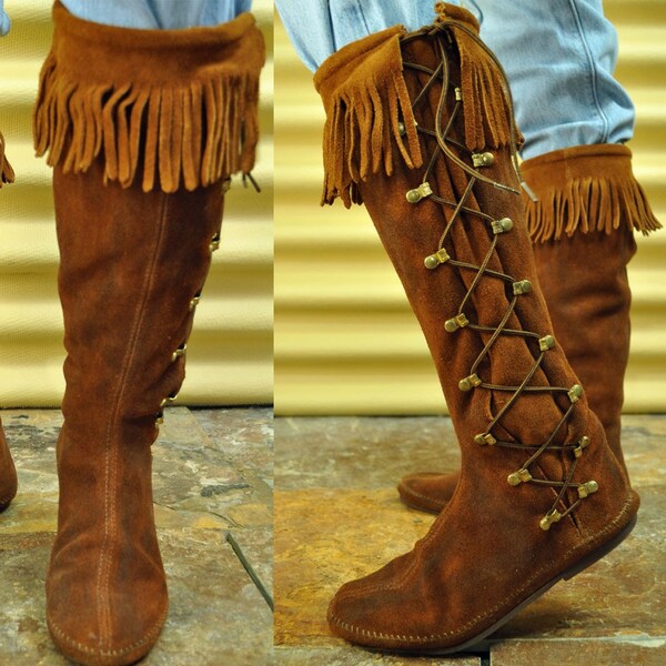 70s mens fringed leather hippie boots distressed suede leather side lace up moccasin knee boots size 10