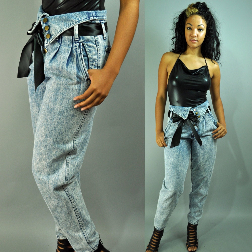 80s High Waist FOLDOVER Denim Jeans Skinny Leg Harem Jeans ACID Wash Denim  W/ Super High Rise & Pleated Front M / Medium -  Canada