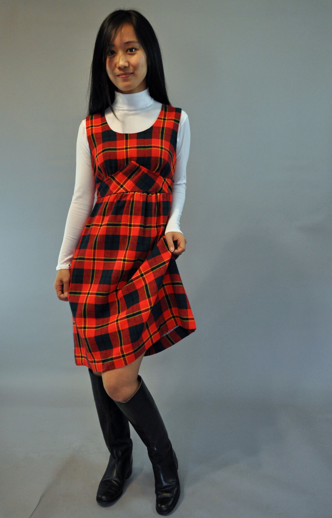 60s vintage Plaid Jumper Dress / womens Jumper Dress / Empire Etsy