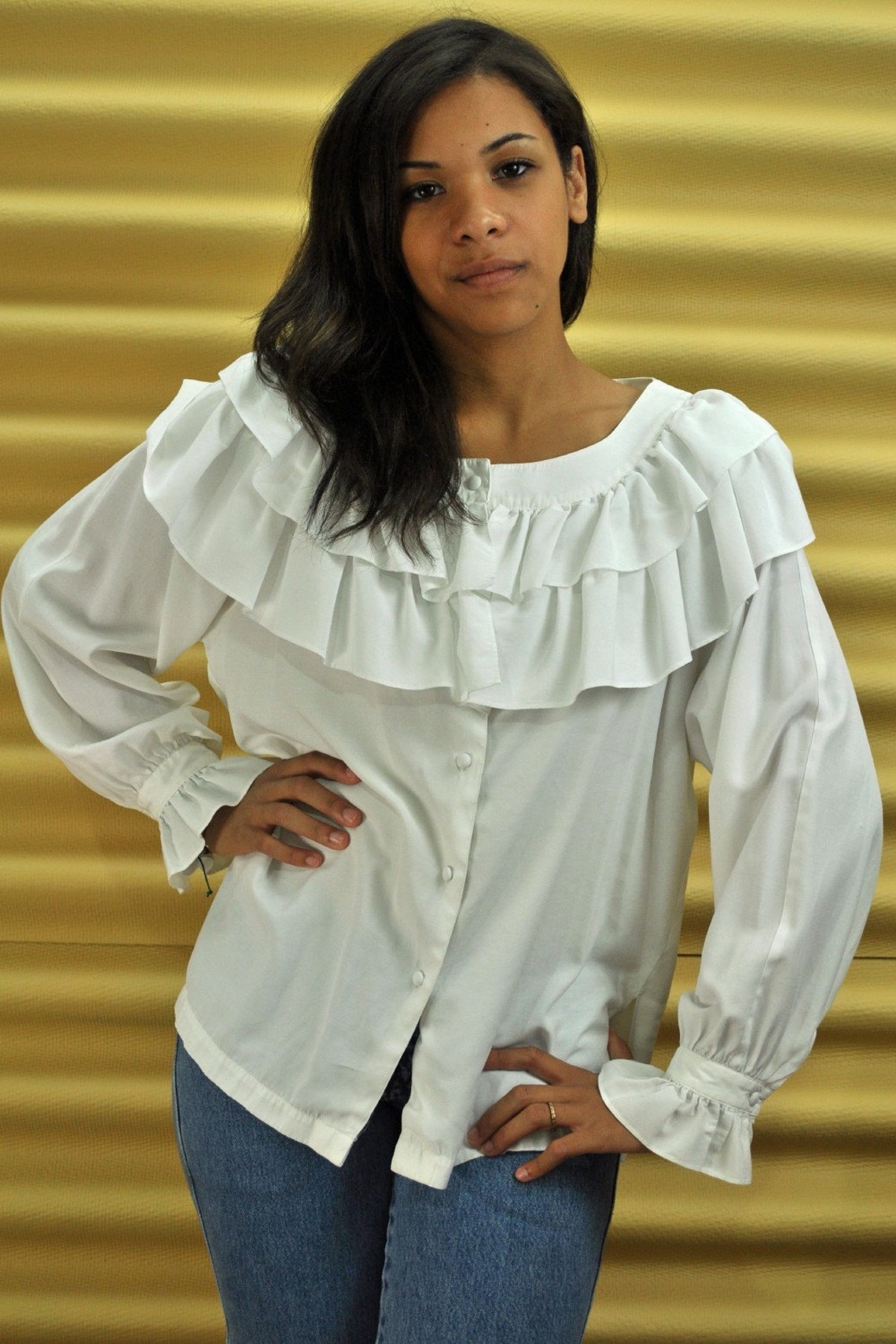 Vintage 80s ruffled PEASANT BLOUSE / White Gypsy Blouse / Long Etsy