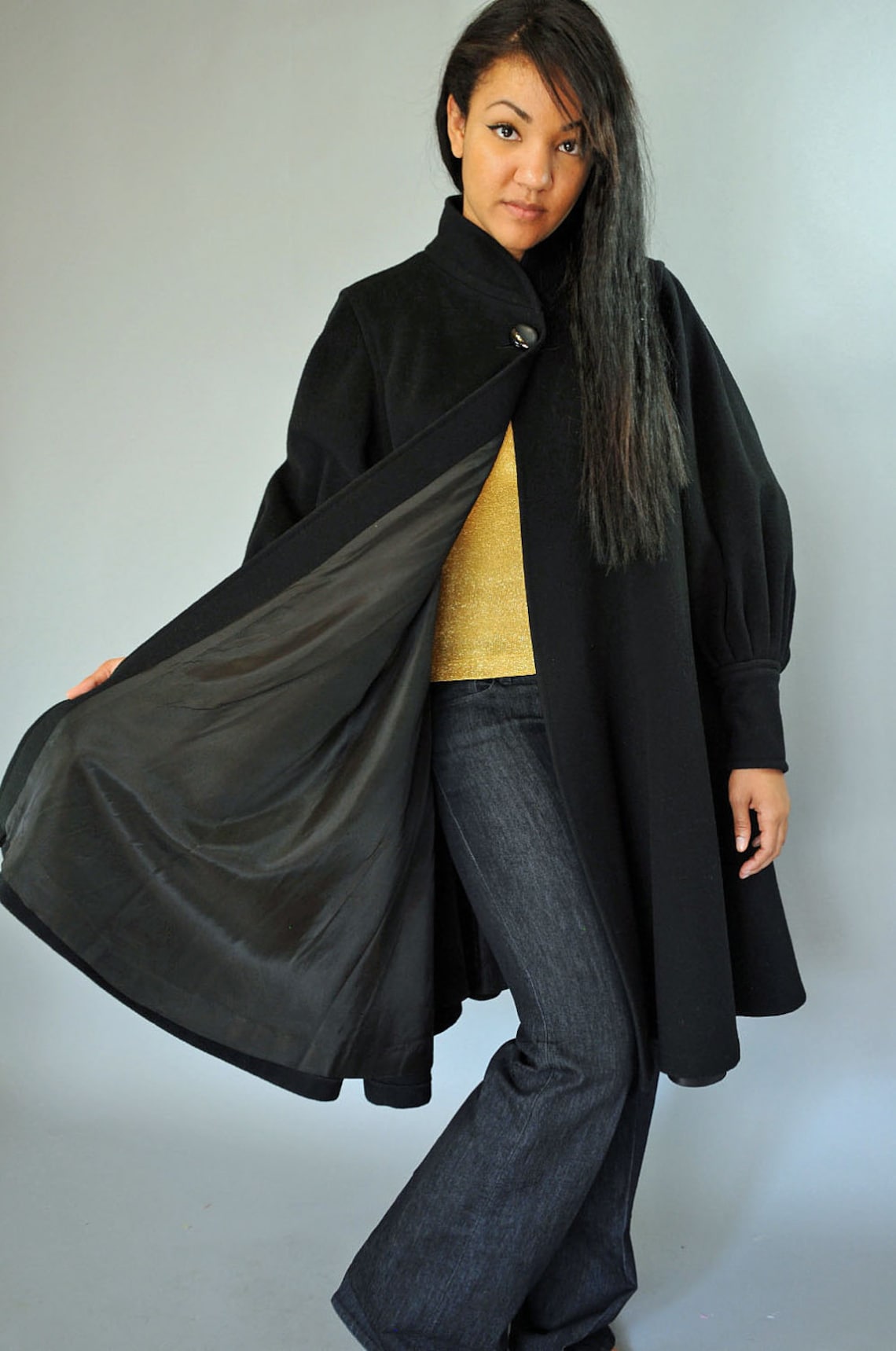 Vintage 80s wool SWING COAT / Black Wool Trapeze coat / Juliet Etsy