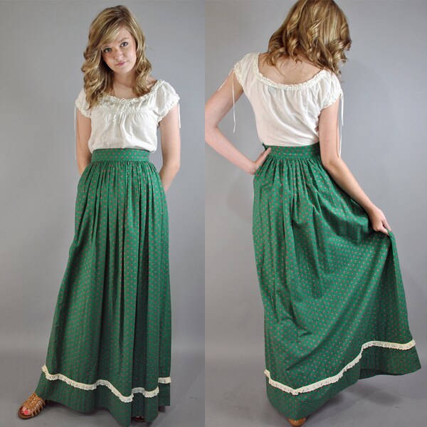 Vintage 60s Maxi Skirt High Waist Green Calico Print Dirndl Maxi Skirt 70s Bohemian Hippie Maxi Festival Skirt XS / S