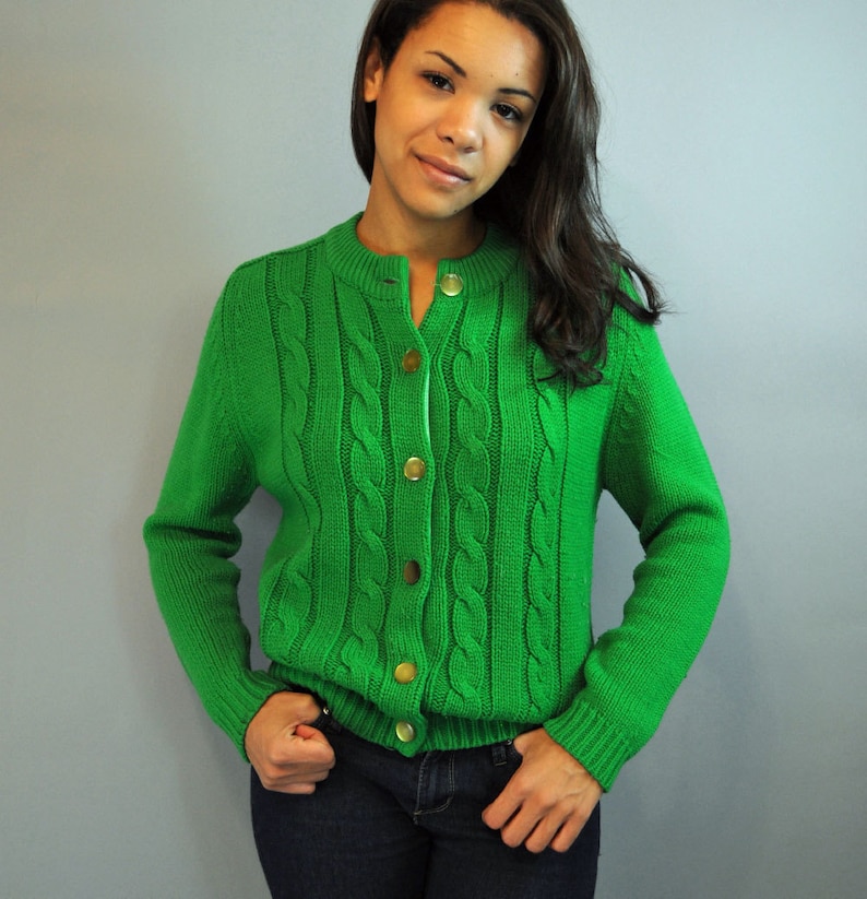 50s Vintage Cardigan Sweater Kelly Green Cable Knit Womens Etsy 
