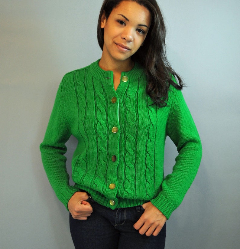 50s Vintage Cardigan Sweater Kelly Green Cable Knit Womens Etsy 