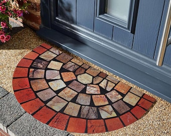 Elegant Halfmoon Tile Barrier Doormat - Red and Blue Edge
