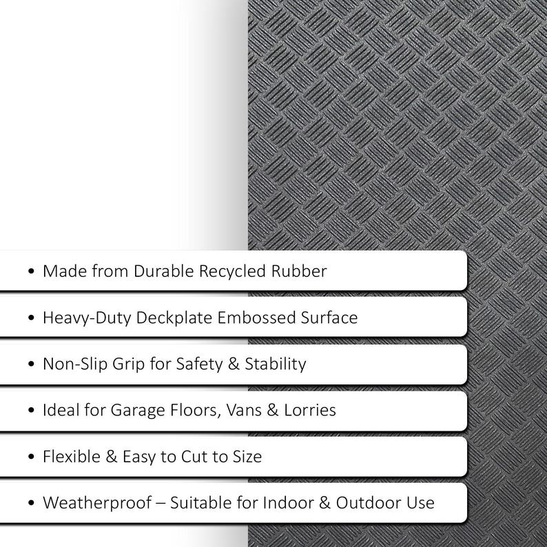 May include: Dark grey rubber mat with a deckplate embossed surface. The mat has a non-slip grip and is made from recycled rubber. It is flexible, easy to cut, and suitable for indoor and outdoor use.