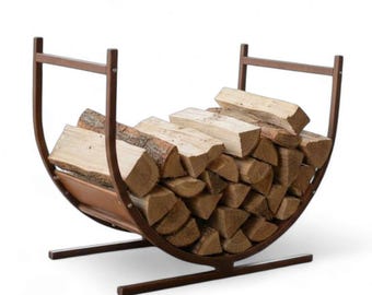 Pre-Rusted Metal Firewood Log Holder: Curved Indoor Outdoor Rack