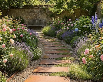 May include: A garden path of rectangular, rust-colored stepping stones leads through a lush garden. The path is flanked by gravel and beds of pink roses, lavender, and other colorful flowers. A wooden bench sits in the background.