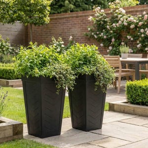 Peut inclure: Deux grands bacs à fleurs carrés de couleur noire, ornés d'un motif en chevrons répété sur toutes les faces visibles. Chaque bac est rempli d'un feuillage vert dense et luxuriant qui déborde sur les bords, créant un aspect texturé.